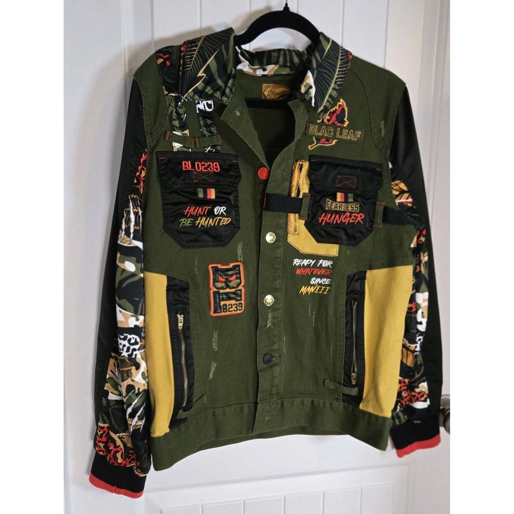 Blac Leaf Safari Green Denim Jacket Graphics Patches SZ S Unisex